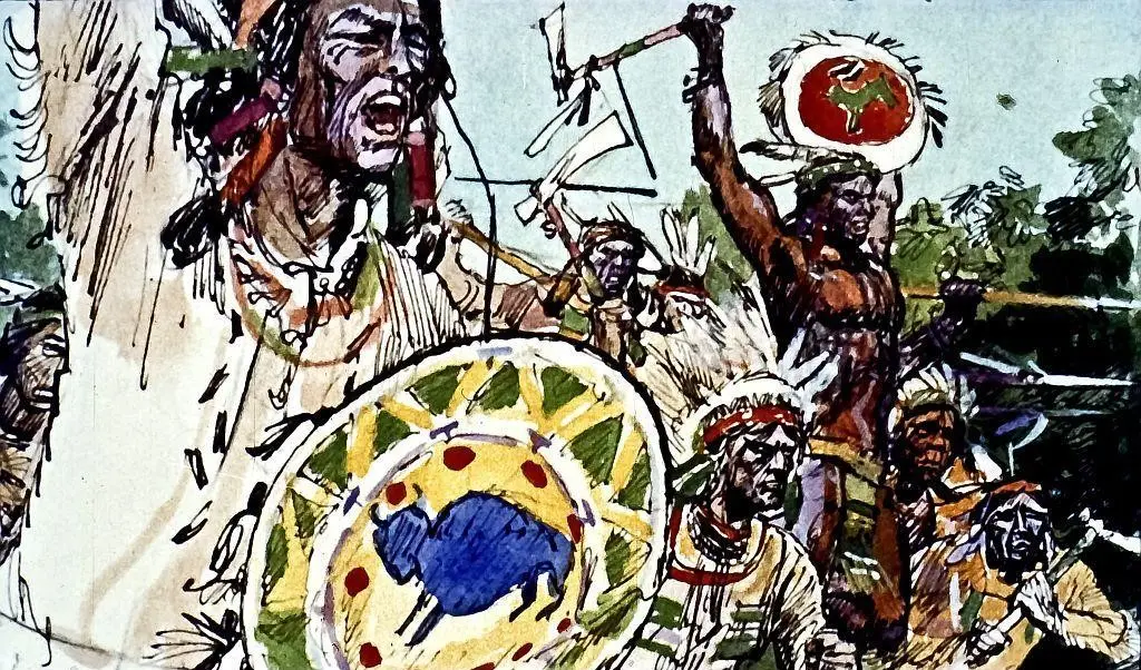 Desen artistic reprezentând un grup de oameni cu costume tradiționale, purtând scuturi și bătăi de tobe, într-o scenă vibrantă de celebrare.