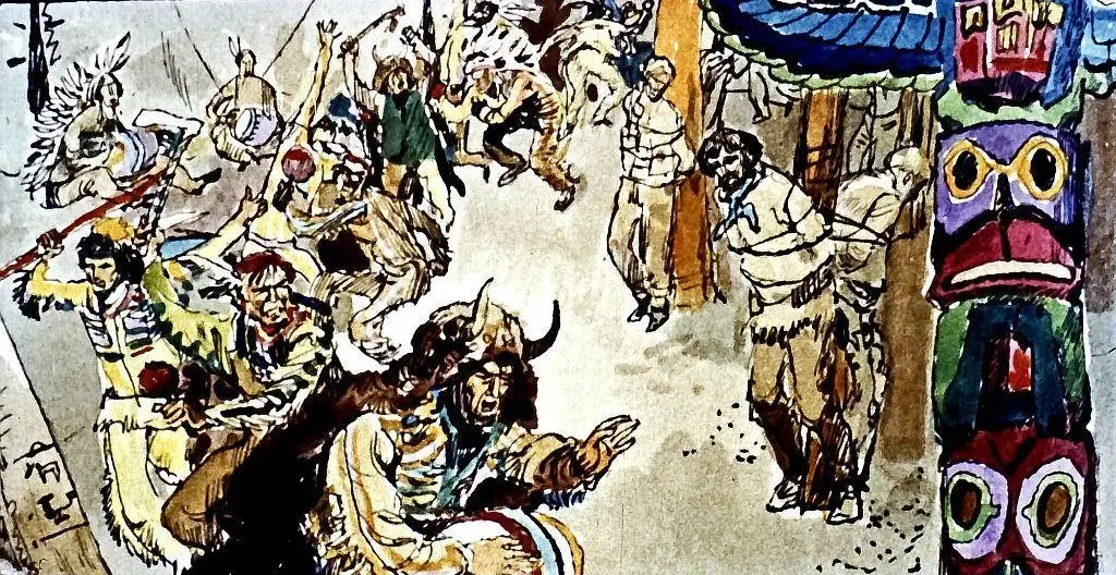 Ilustrație vibrantă care prezintă o scenă animată cu oameni de diferite culturi interacționând într-un cadru festiv.