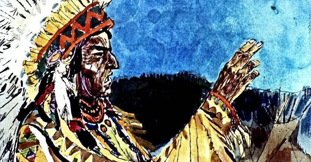 Ilustrație artistică a unui bărbat îmbrăcat în tradiții indigene, cu un splash de cer albastru în fundal.