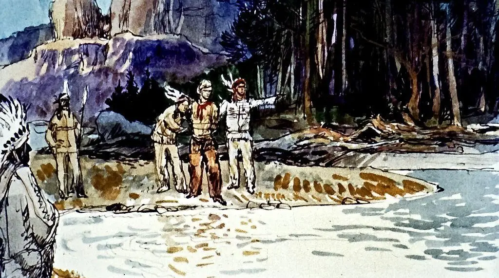 Ilustrație cu oameni pe o plajă lângă apă, având un peisaj de fundal cu stânci și pădure.