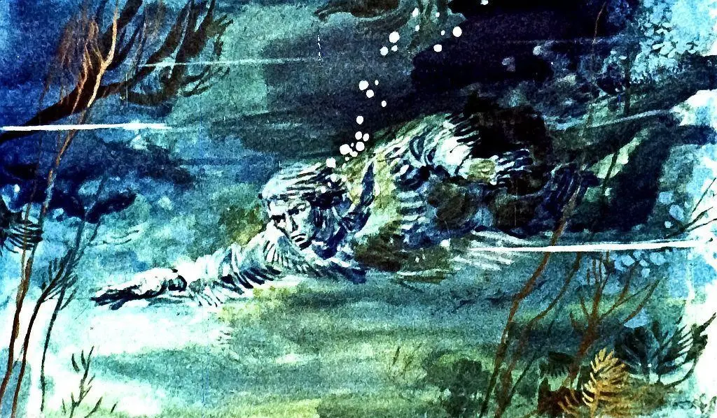 O ilustrație subacvatică cu un înotător, înconjurat de apă colorată în nuanțe de albastru și verde, și incluziuni de plante marine.