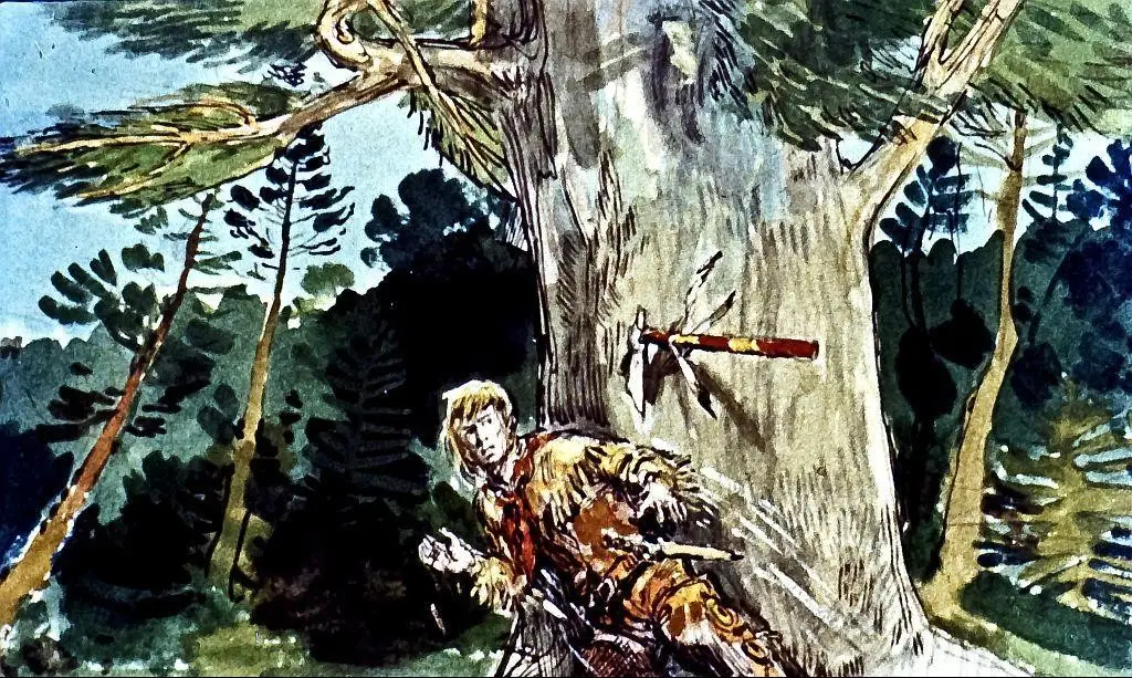 Ilustrație cu un bărbat aproape de un copac mare, îmbrăcat în haine de piele, având o axe înfiptă în trunchiul copacului, într-un peisaj forestier.