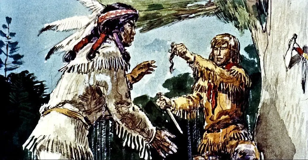 Ilustrație care prezintă două personaje îmbrăcate în costume tradiționale, interacționând într-un peisaj natural.