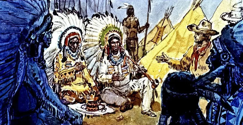 O ilustrare colorată care prezintă șase bărbați, dintre care doi poartă costume tradiționale amerindiene, discuție în jurul unui foc, cu corturi în fundal.