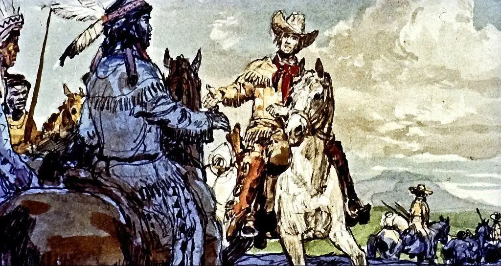 Imagine artistică cu personaje călare îmbrăcate în costume tradiționale, interacționând pe un câmp deschis.