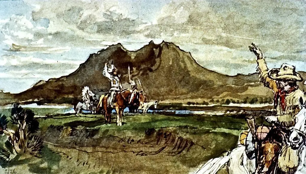 O ilustrație cu peisaje montane, călăreți în costume de epocă și cai într-un decor natural.