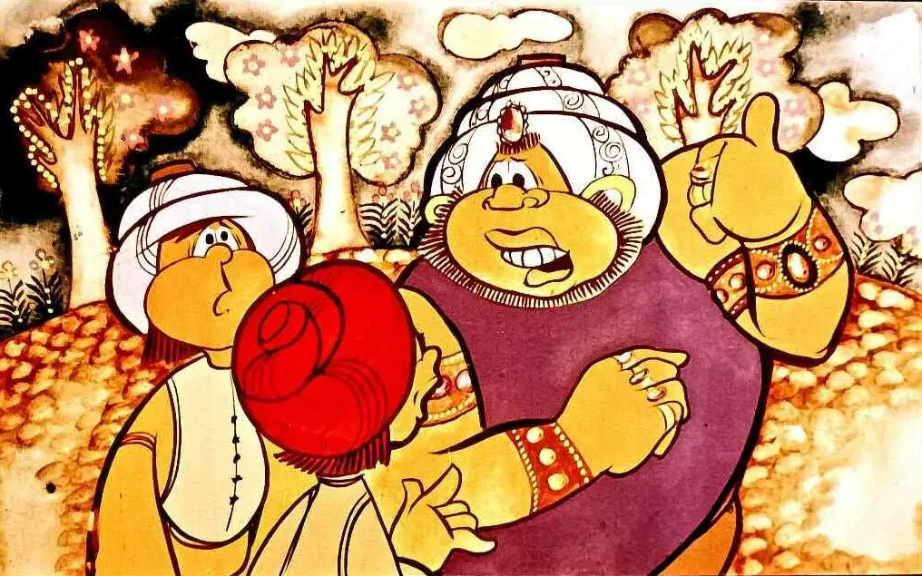 O ilustrație colorată cu trei personaje cartoon într-un peisaj cu copaci și un teren arid, unde un personaj mai mare interacționează cu cele două personaje mai mici.