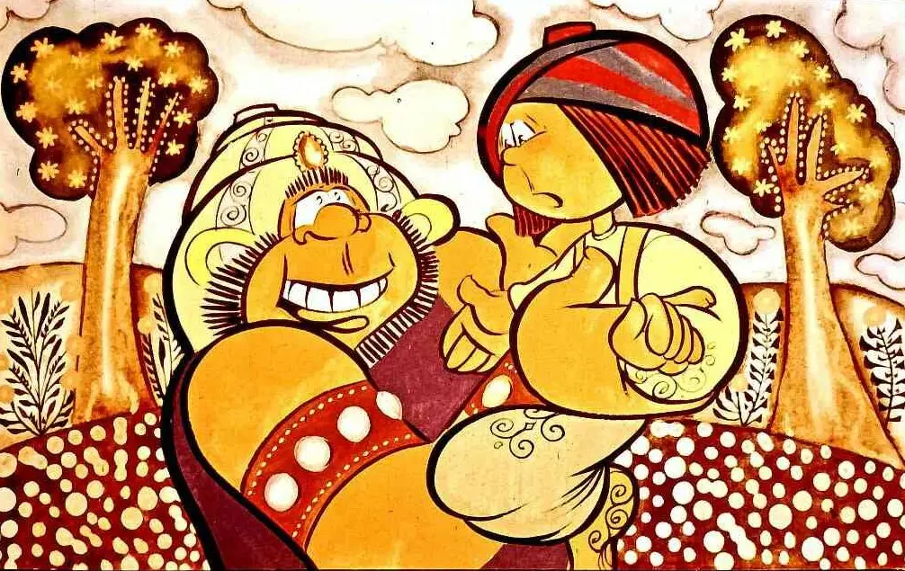 Ilustratie colorata reprezentand un personaj mare si zambitor purtand un costum traditional, care tine un alt personaj mai mic, cu o expresie serioasa, intr-un peisaj cu copaci si nori.