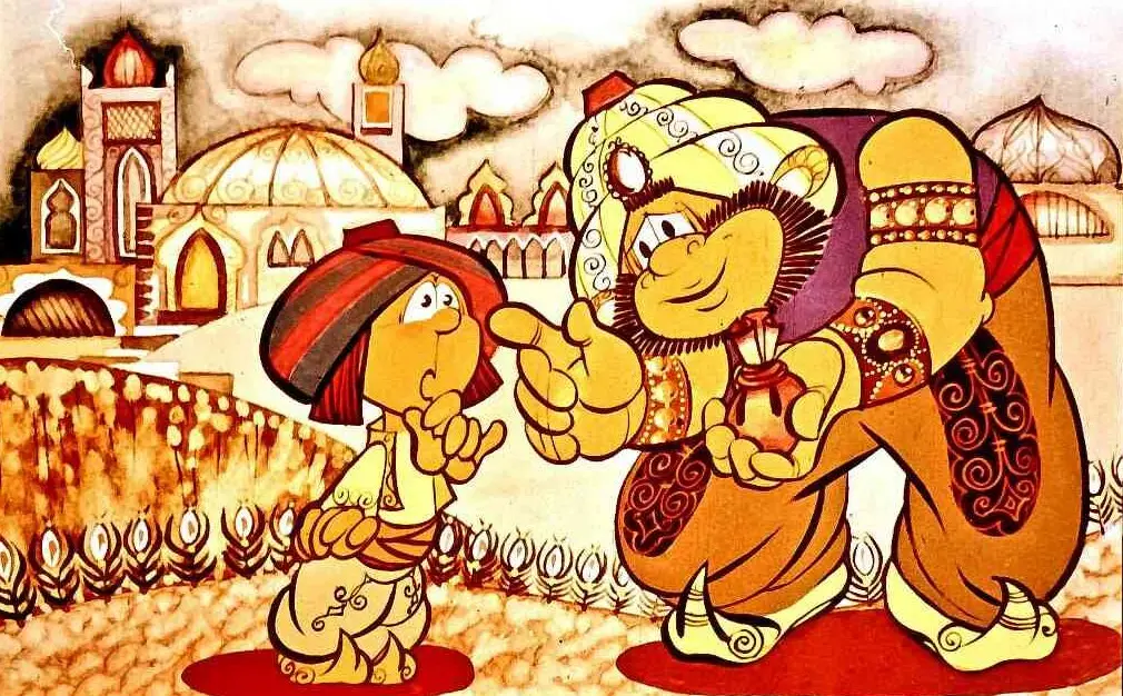 Ilustrație animată cu doi personaje discutând, unul dintre ei având un sac în mână, iar în fundal se pot observa structuri arhitecturale de stil orientale.