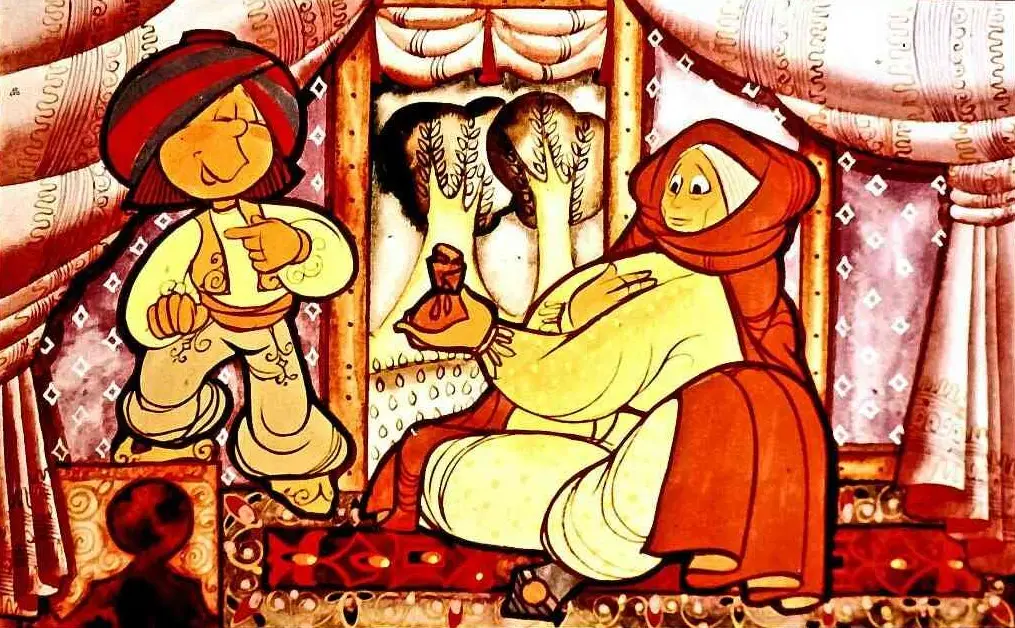 Ilustrație colorată cu două personaje, unul bărbat și unul femeie, fiecare îmbrăcat în costume tradiționale, într-un interior decorat cu perdele și motive ornamentale.