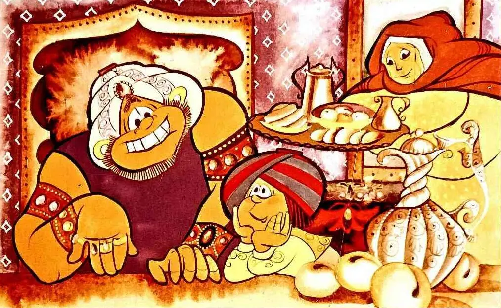 Imagine animată cu trei personaje care zâmbesc și stau la o masă plină cu mâncare tradițională.