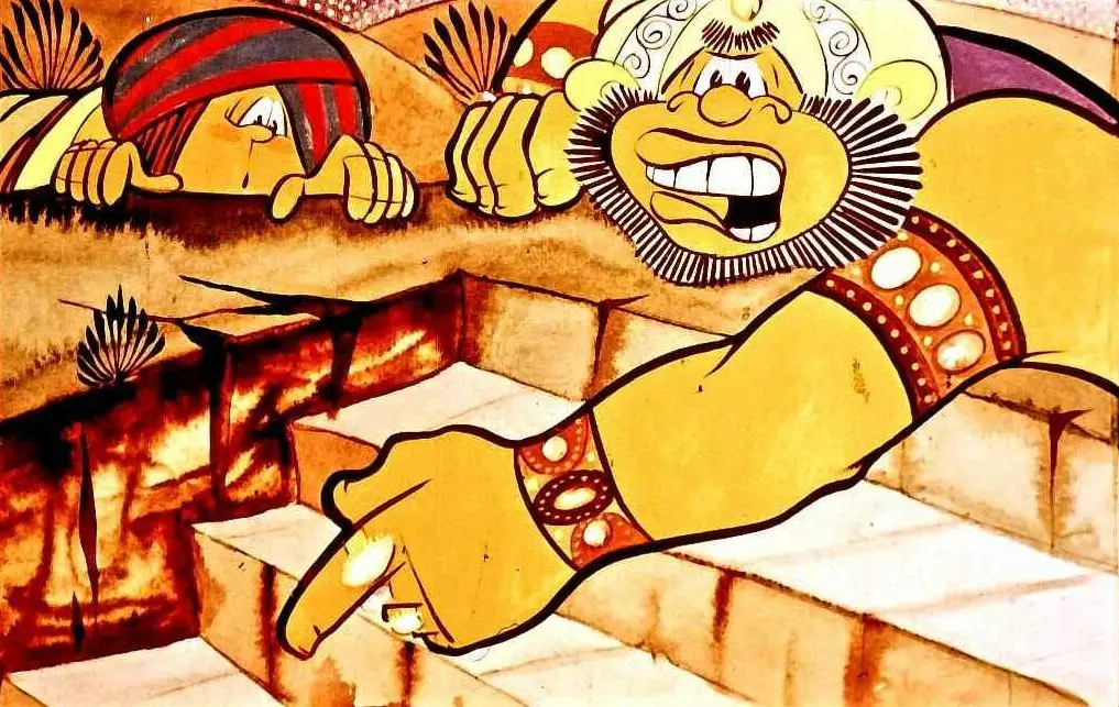 Desen animat cu doi personaje caricaturizate, unul arătând cu degetul spre o direcție, iar celălalt ascunzându-se în spatele unei stânci.