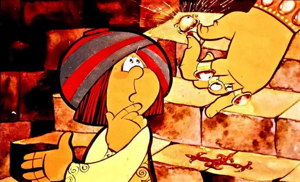 Imagine animată cu un personaj gânditor și o mână care oferă bijuterii.