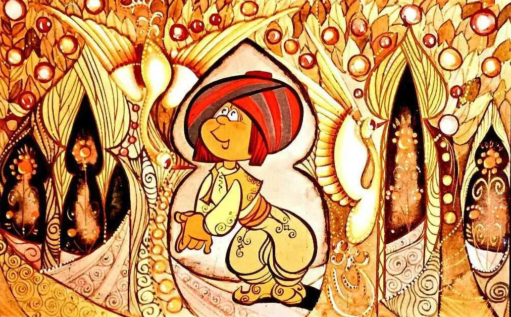 O ilustrație colorată reprezentând un personaj vesel îmbrăcat în vestimentație tradițională, într-un peisaj decorativ cu motive florale.