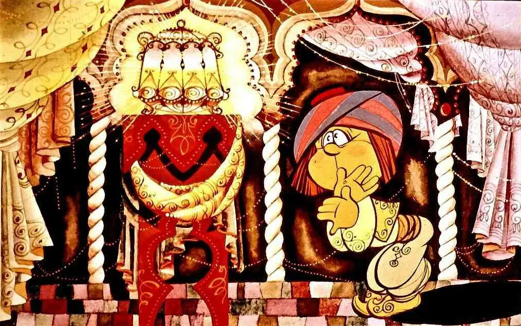 O ilustrație colorată care arată un personaj animat într-o scenă decorativă, cu un fundal elaborat și motive ornamentale.