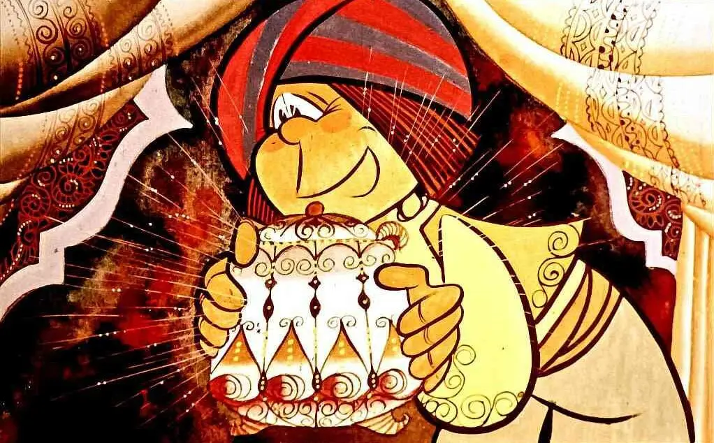 Imagine colorată cu un personaj zâmbitor care ține un vas decorat.