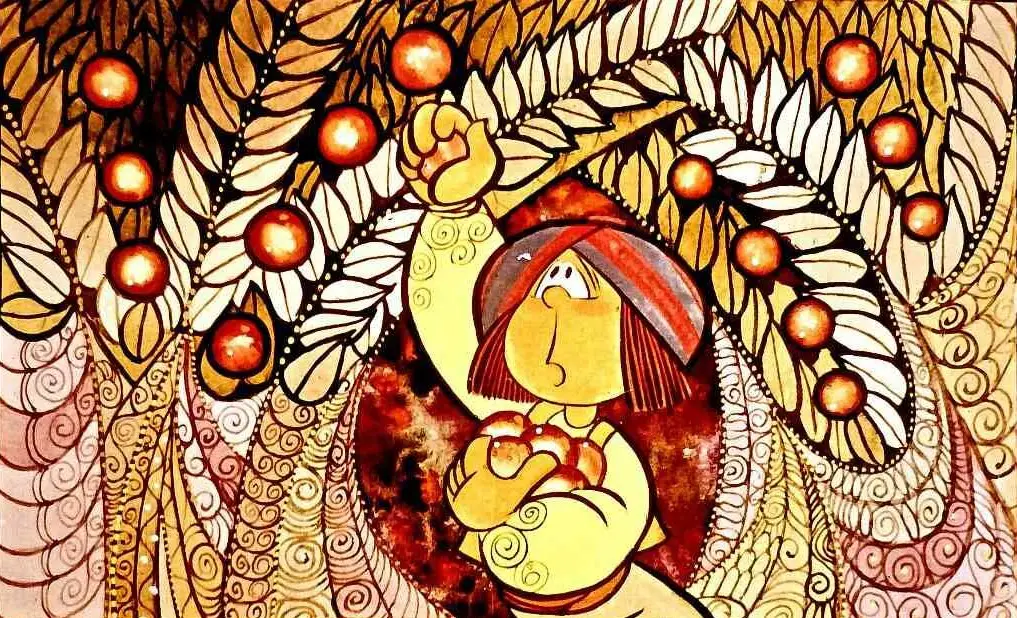 O ilustrație colorată care prezintă un personaj cu părul roșu, îmbrăcat în galben, care ridică o mână spre un pom plin de fructe portocalii, într-un peisaj cu frunze și motive decorative.