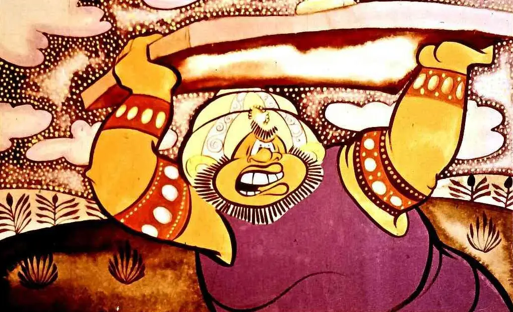 Ilustrație colorată cu un personaj cartoon care ridică o sabie, într-un peisaj cu nori și plante.