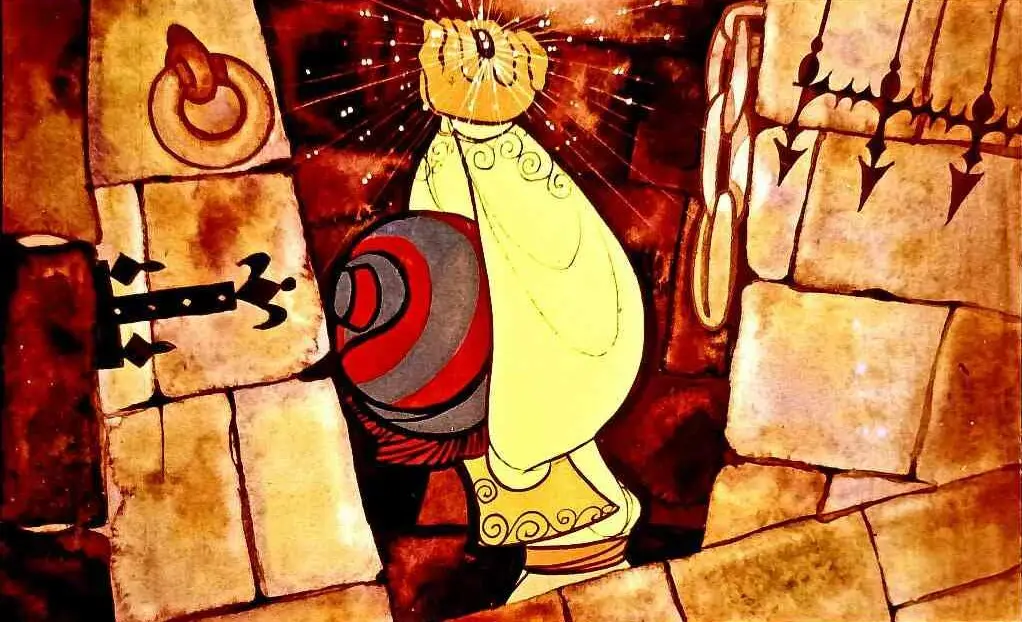 Ilustrație artistică cu un personaj purtând o rochie galbenă și ținând un obiect rotund, cu un fundal de piatră și detalii decorative.