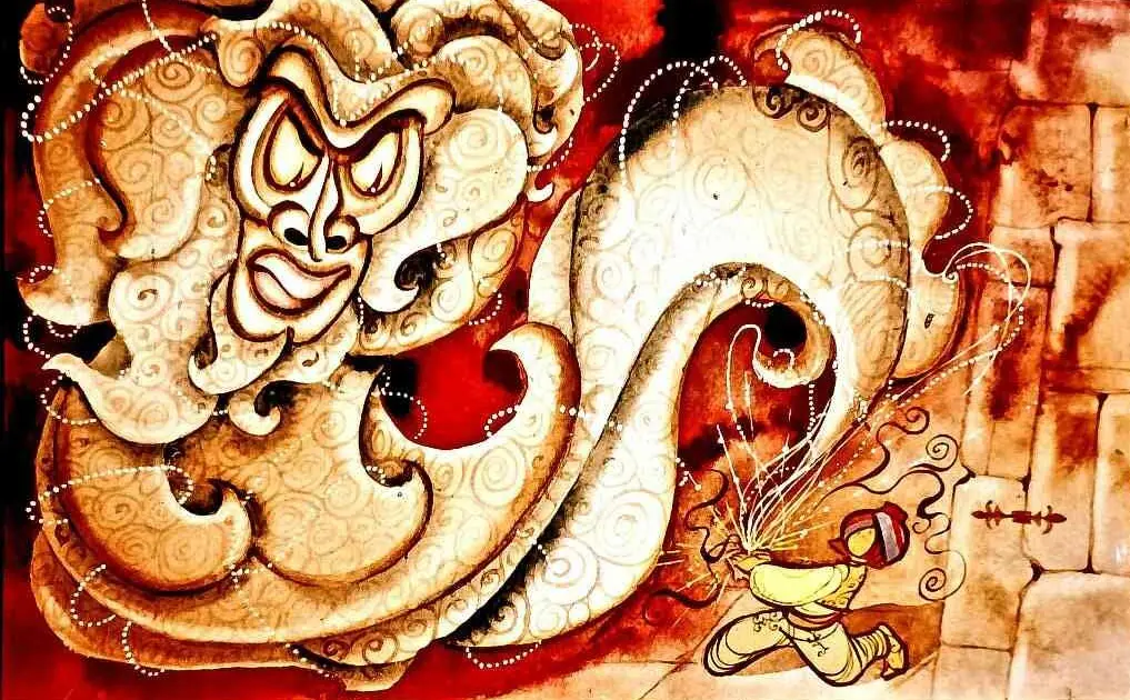 Ilustrație artistică care prezintă o figură umanoidă înfricoșătoare și un personaj alergând într-o scenă vibranta.