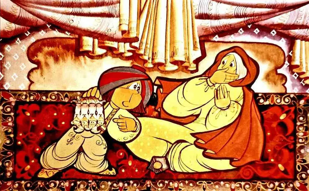 Ilustrație care prezintă două personaje într-un decor colorat, un bărbat ținând câteva pahare și o femeie purtând o mantie, având un fundal artistic elaborat.