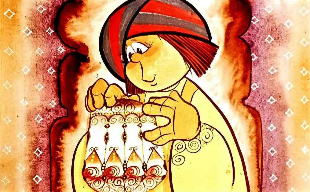 Imagine colorată cu un personaj care ține un obiect, surâzând, pe un fundal decorativ.