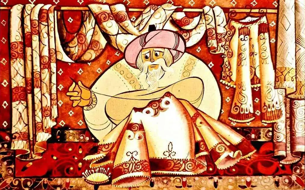 Imagine artistică a unui bătrân cu barbă lungă, purtând o pălărie, așezat la o masă plină cu materiale textile decorative, înconjurat de un fundal colorat cu modele variate.