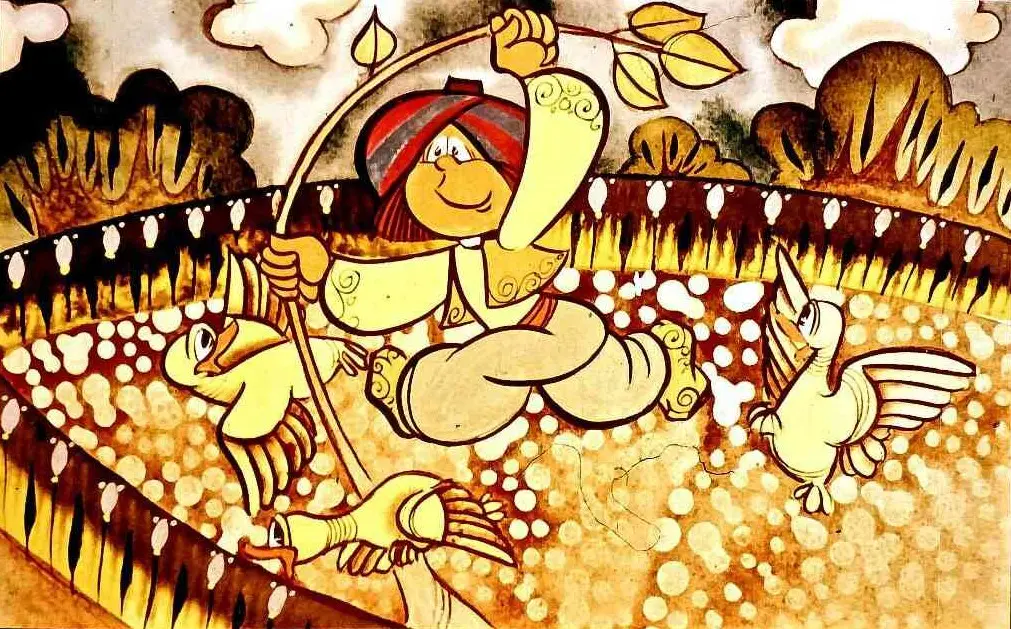 Ilustrație cu un personaj vesel purtând o pălărie, ținând un băț și dansând printre păsări pe un câmp colorat.