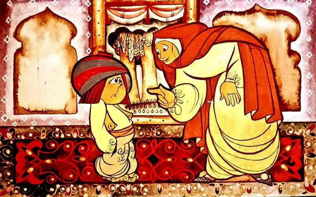 O ilustrație care prezintă o mamă care îi vorbește cu seriozitate unui copil, într-un decor tradițional.