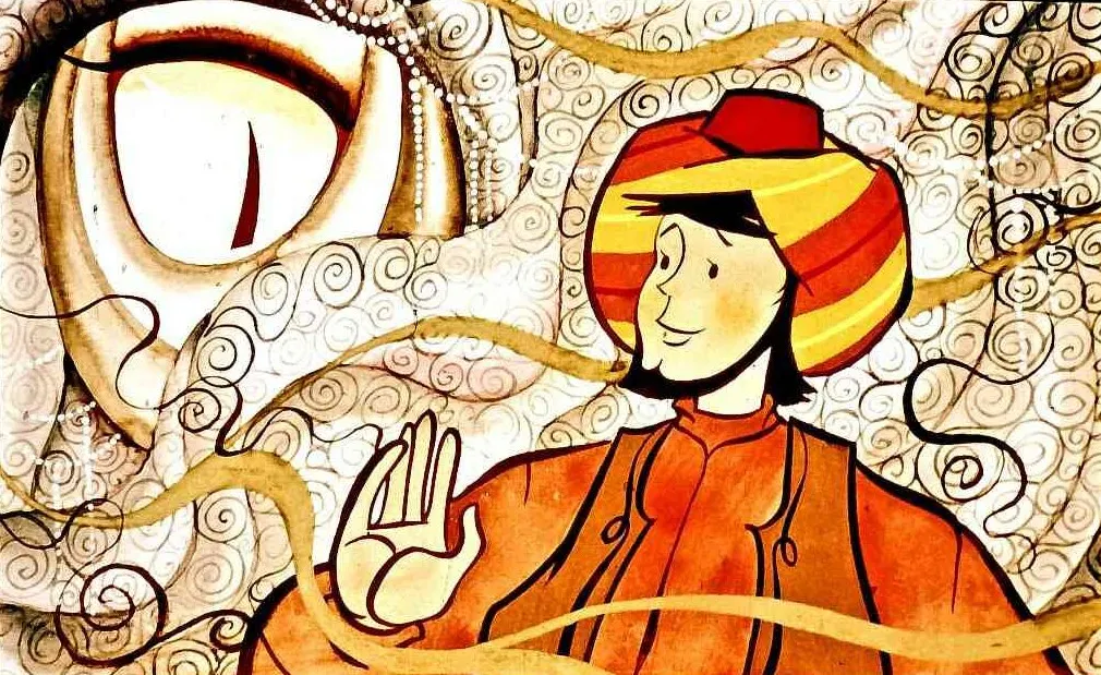 Ilustrație colorată cu un personaj în costum tradițional, zâmbind și făcând un semn de salut, pe un fundal cu linii circulare.