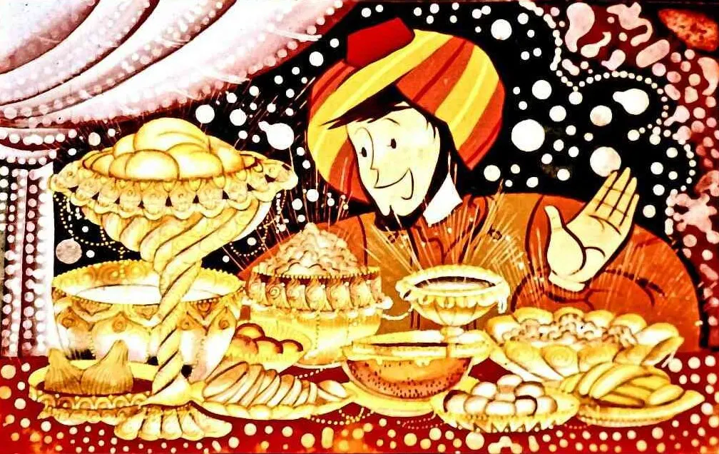 Ilustrație colorată cu un bărbat zâmbitor care prezintă diverse preparate culinare pe o masă.