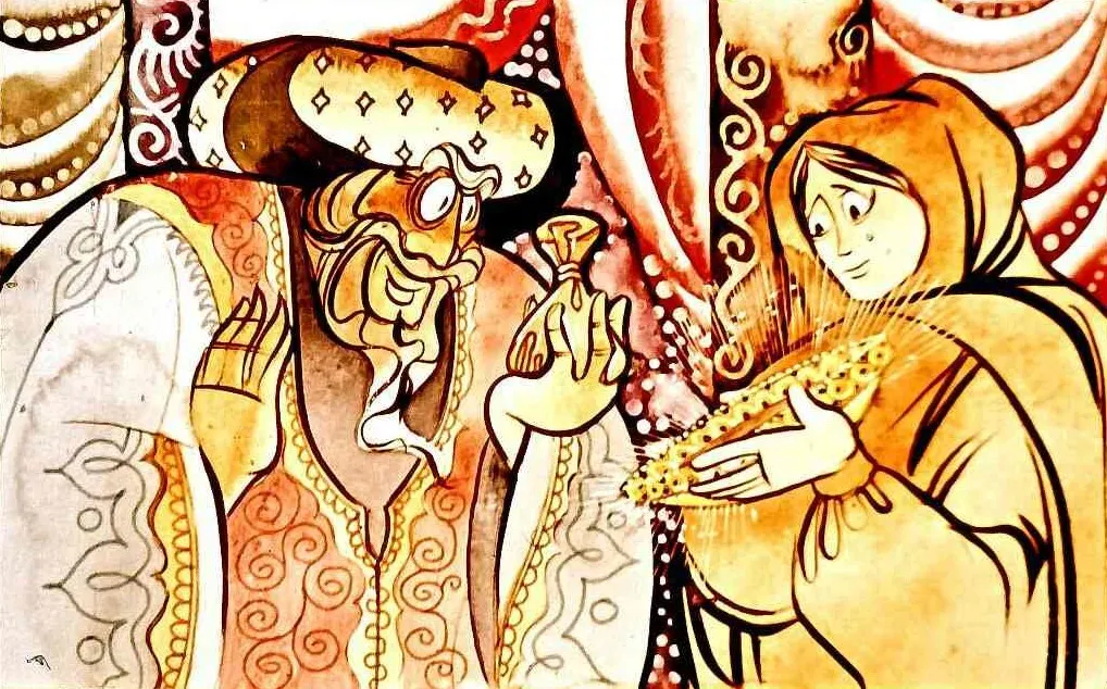 Ilustrație reprezentând un bărbat cu pălărie tradițională și o femeie oferind un obiect în fața lui.