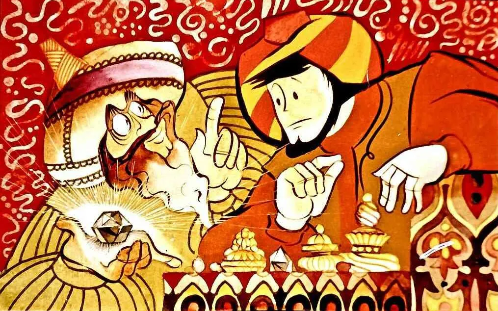 Ilustrație colorată cu două personaje discutând despre comori, pe un fundal decorativ.