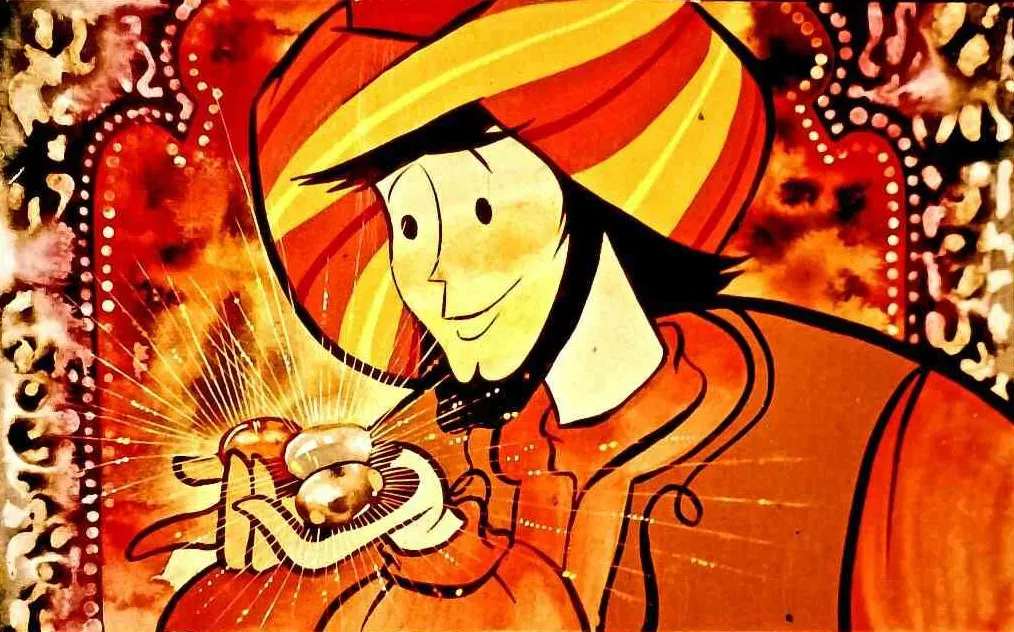 O ilustrație colorată a unui bărbat purtând o pălărie tradițională, zâmbind și ținând în mâini câteva obiecte strălucitoare, pe un fundal ornamentat.