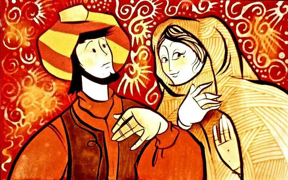 Ilustrație colorată cu două personaje stilizate pe un fundal roșu, unul purtând o pălărie largă și altul cu un văl, interacționând într-un mod prietenos.