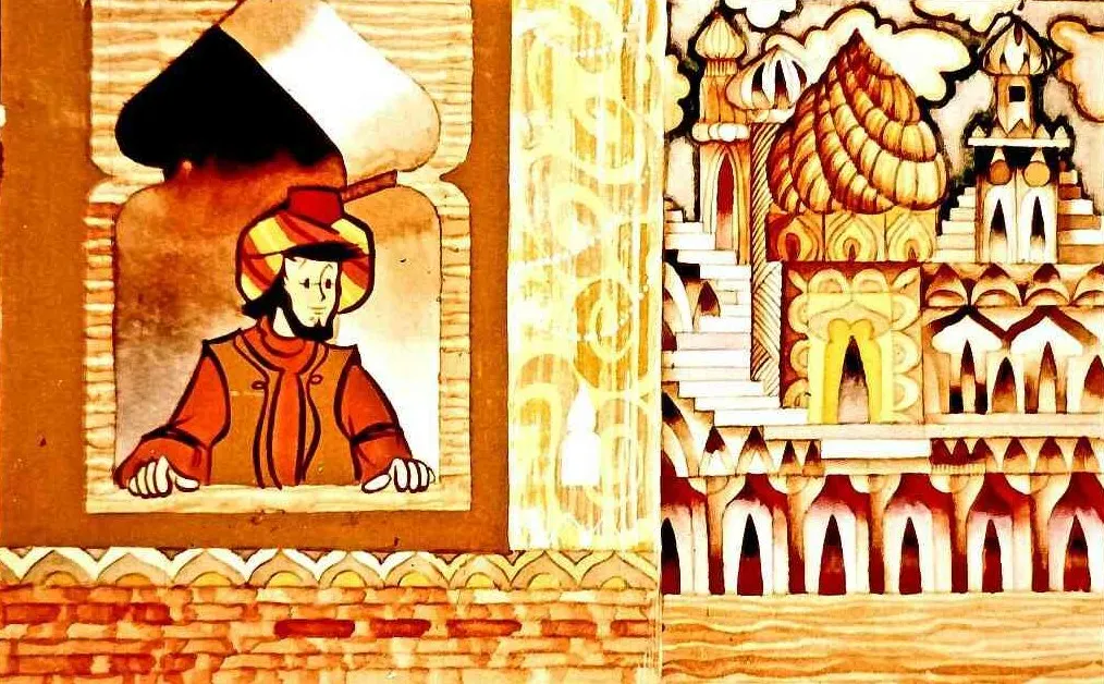 Ilustrație colorată cu un bărbat în fereastră și un peisaj architectural colorat în fundal.