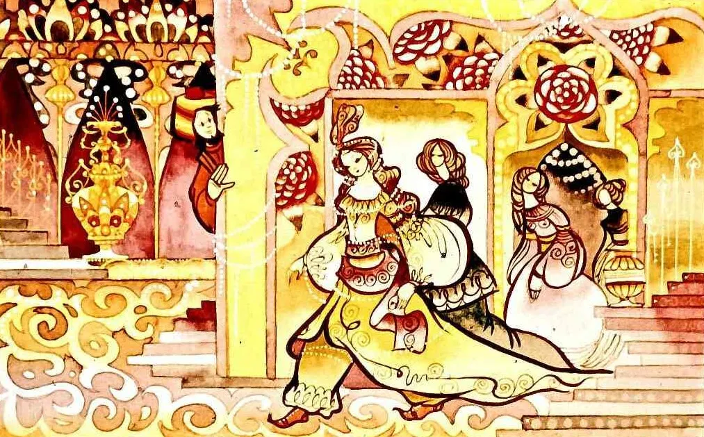 Ilustrație colorată cu figuri umane într-un cadru decorativ, incluzând costume tradiționale și elemente arhitecturale ornate.