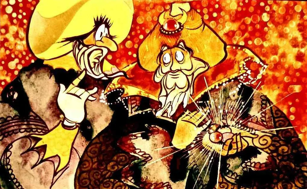 Imagine animată cu personaje surprinse într-o scenă dramatică, un personaj cu o pălărie mare și altul cu o barbă lungă, într-un fundal colorat și strălucitor.