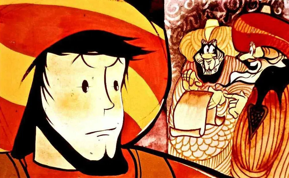 Imagine reprezentând un personaj animat cu o pălărie de tip rustic, privind cu un aer contemplativ, înconjurat de alte personaje stilizate.