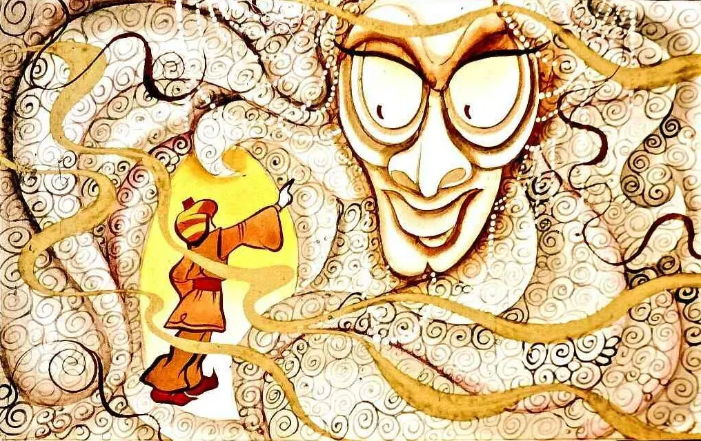 O ilustrație abstractă cu un personaj îmbrăcat în roșu și galben, care pare să interacționeze cu o entitate misterioasă, având un zâmbet distorsionat și ochi mari, înconjurată de forme spirale.