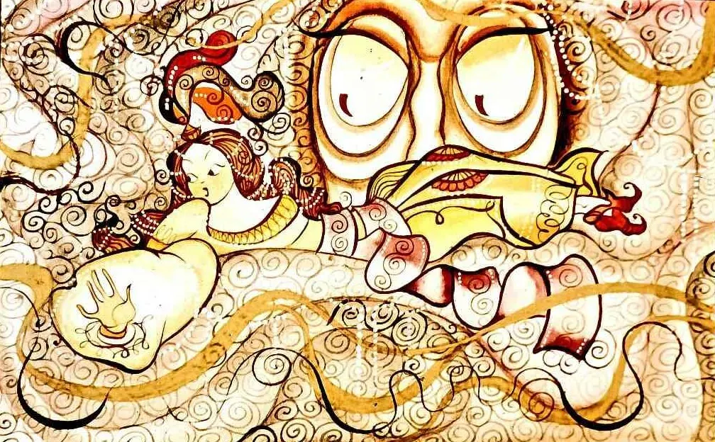 Ilustrație abstractă cu forme ondulate și personaje stilizate.