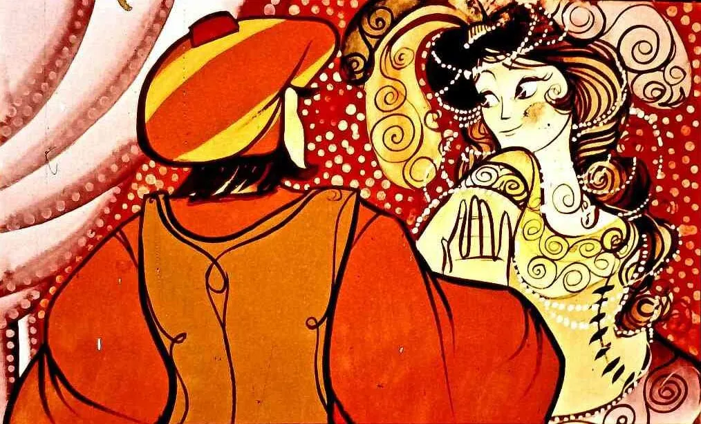 O ilustrație colorată cu un bărbat și o femeie, având un stil artistic distinctiv, cu linii curbe și culori vibrante.