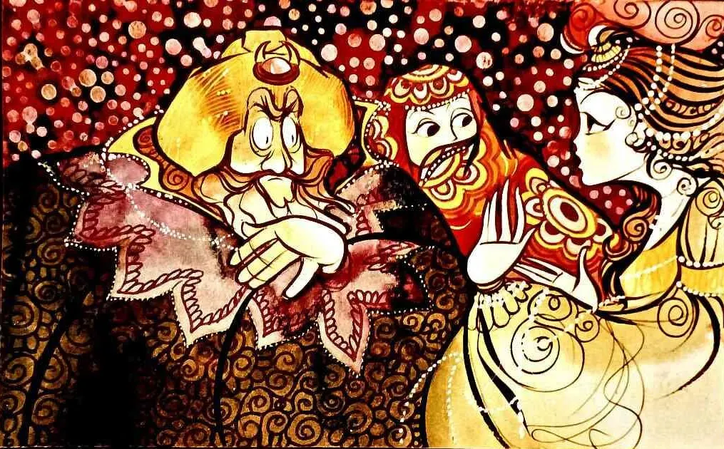 Ilustrație animată cu trei personaje, unul bărbătesc cu barbă și pălărie, o femeie cu coafură ondulată și o figură centrală care poartă o pălărie, toți cei trei fiind într-o discuție, cu un fundal colorat.