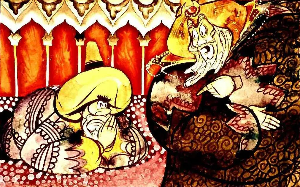 Ilustrație artistică cu două personaje, unul îngenunchiat și celălalt stând în picioare, într-un decor ornamental.