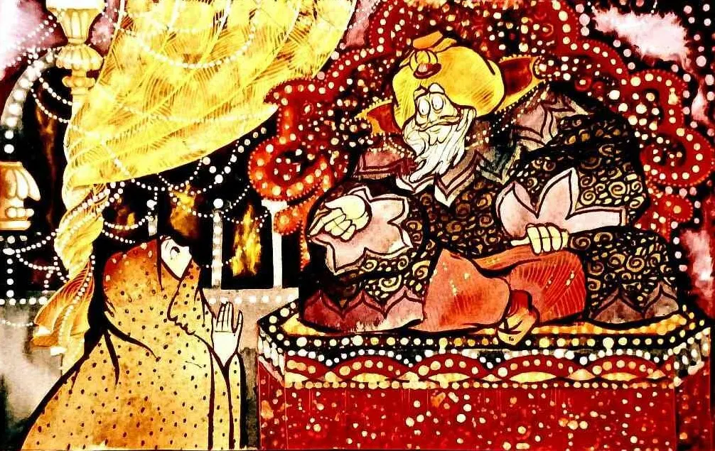 Ilustrație artistică reprezentând un monarh plin de bogății, așezat pe un tron, interacționând cu o persoană modest îmbrăcată.