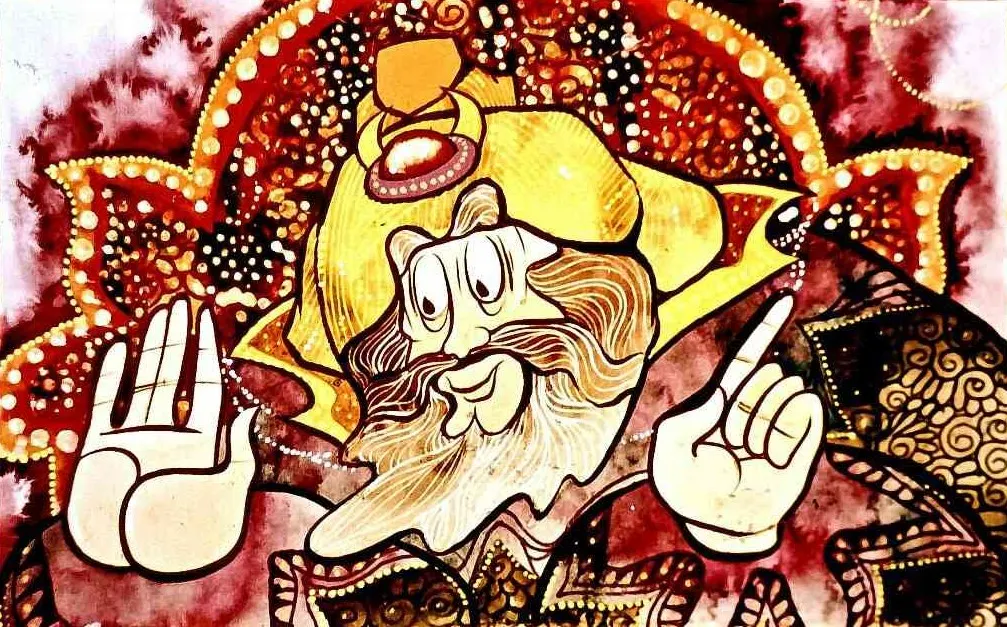 O ilustrație colorată a unui personaj cu o tunsoare mare și o bărbie lungă, purtând o pălărie, având un gest de comunicare cu mâinile.