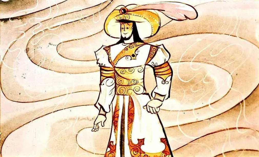 Ilustrație a unei figure îmbrăcate în costume tradiționale, cu un fundal de nori sau vapori.