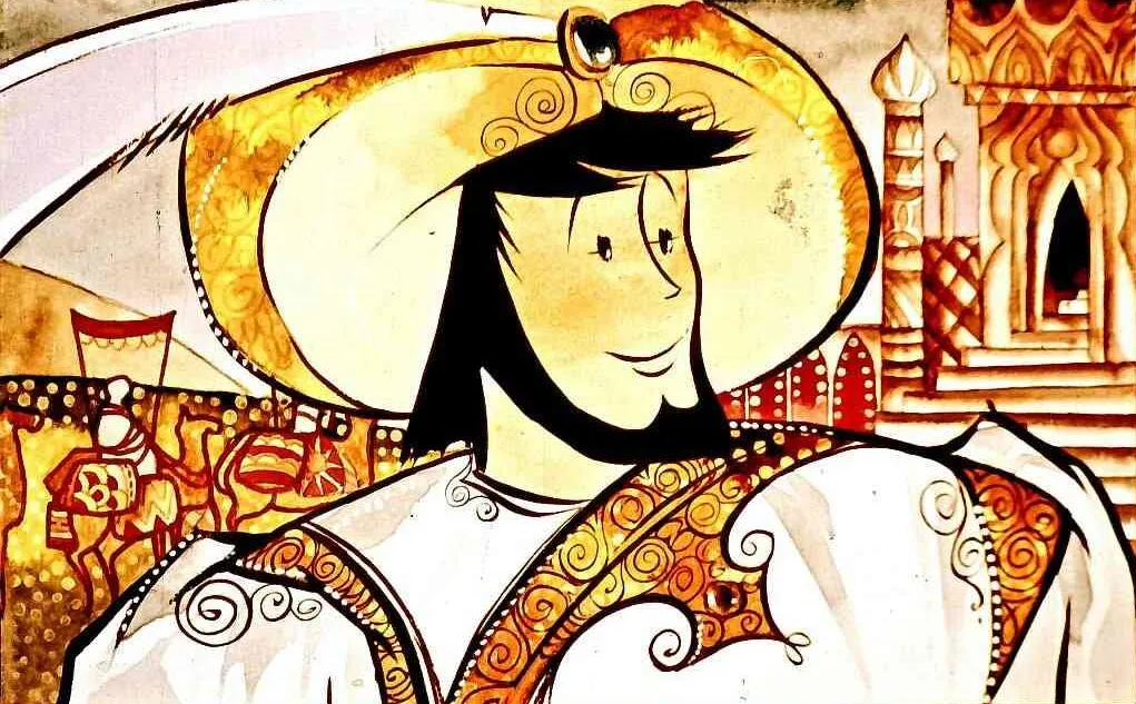 Ilustrație a unui personaj vesel purtând o pălărie mare, cu un fundal de peisaj detaliat și stilizat.