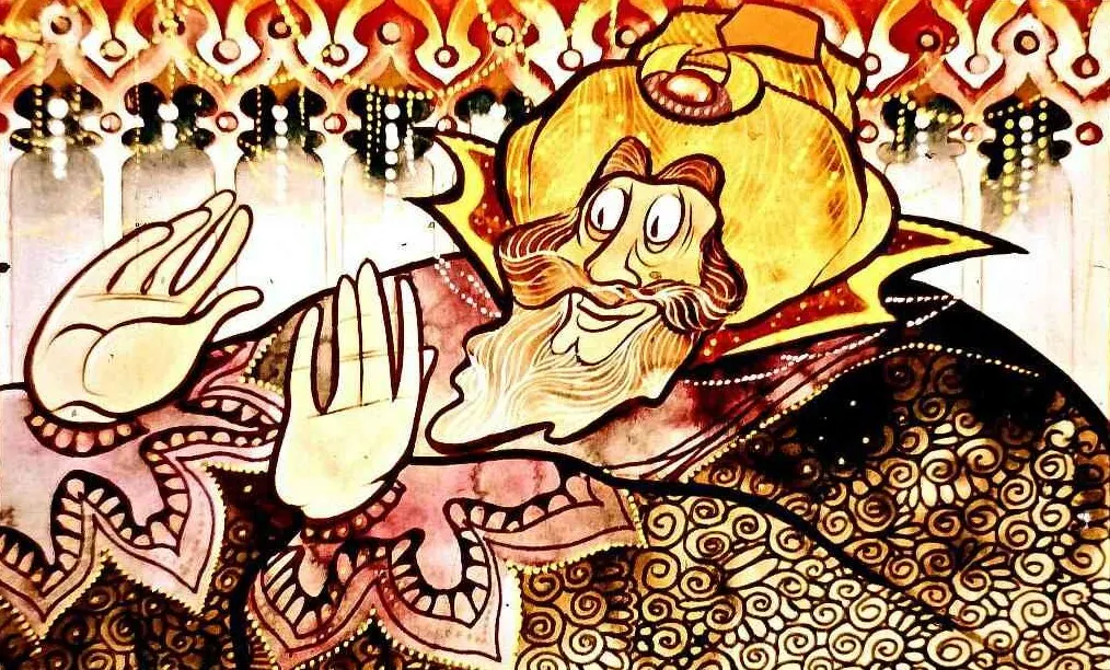 Imagine artistică a unui personaj cu barbă, zâmbitor, purtând o pălărie decorată, făcând un gest de salut.