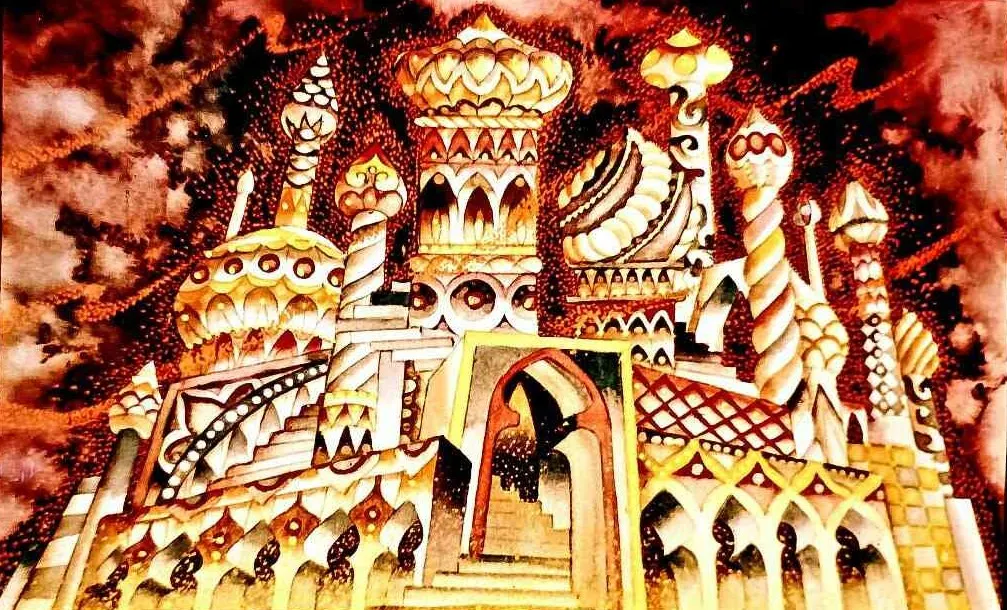 O ilustrație artistică a unei clădiri cu arhitectură elaborată, acoperită cu domuri și turnuri distincte, situată pe un fundal colorat.